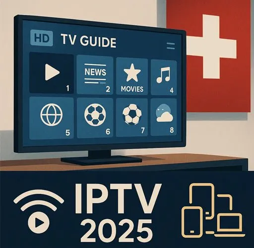 Illustration d’un abonnement IPTV Suisse en 2025, affiché sur une télévision, un smartphone et une tablette, symbolisant l’évolution des services IPTV en Suisse.